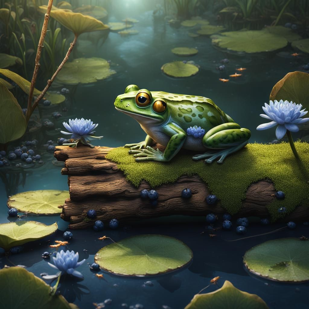 Frog on Log with Blueberries: Fantasy Concept Art
