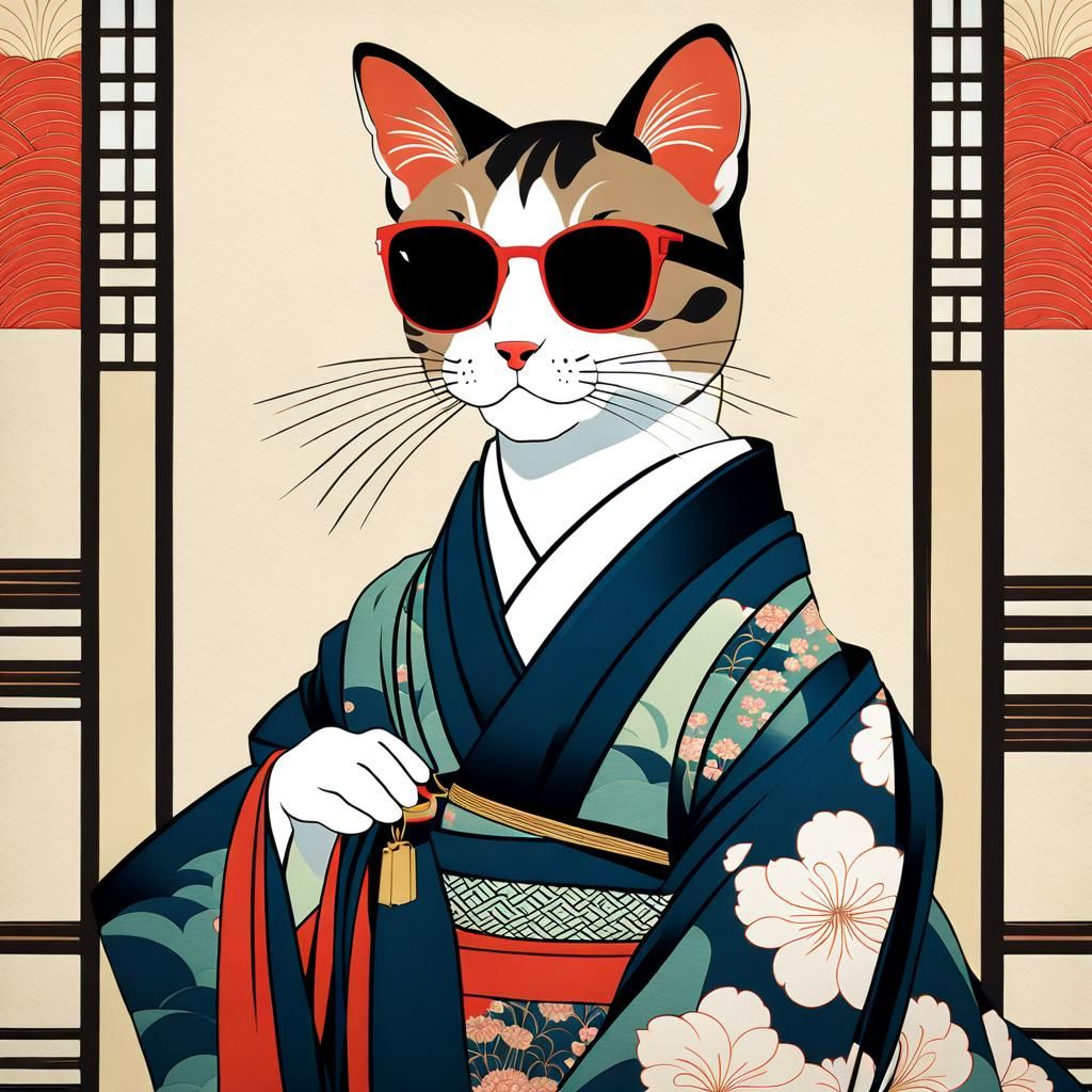 Elegant Cat in Kimono: A Bijin-ga Ukiyo-e Portrait