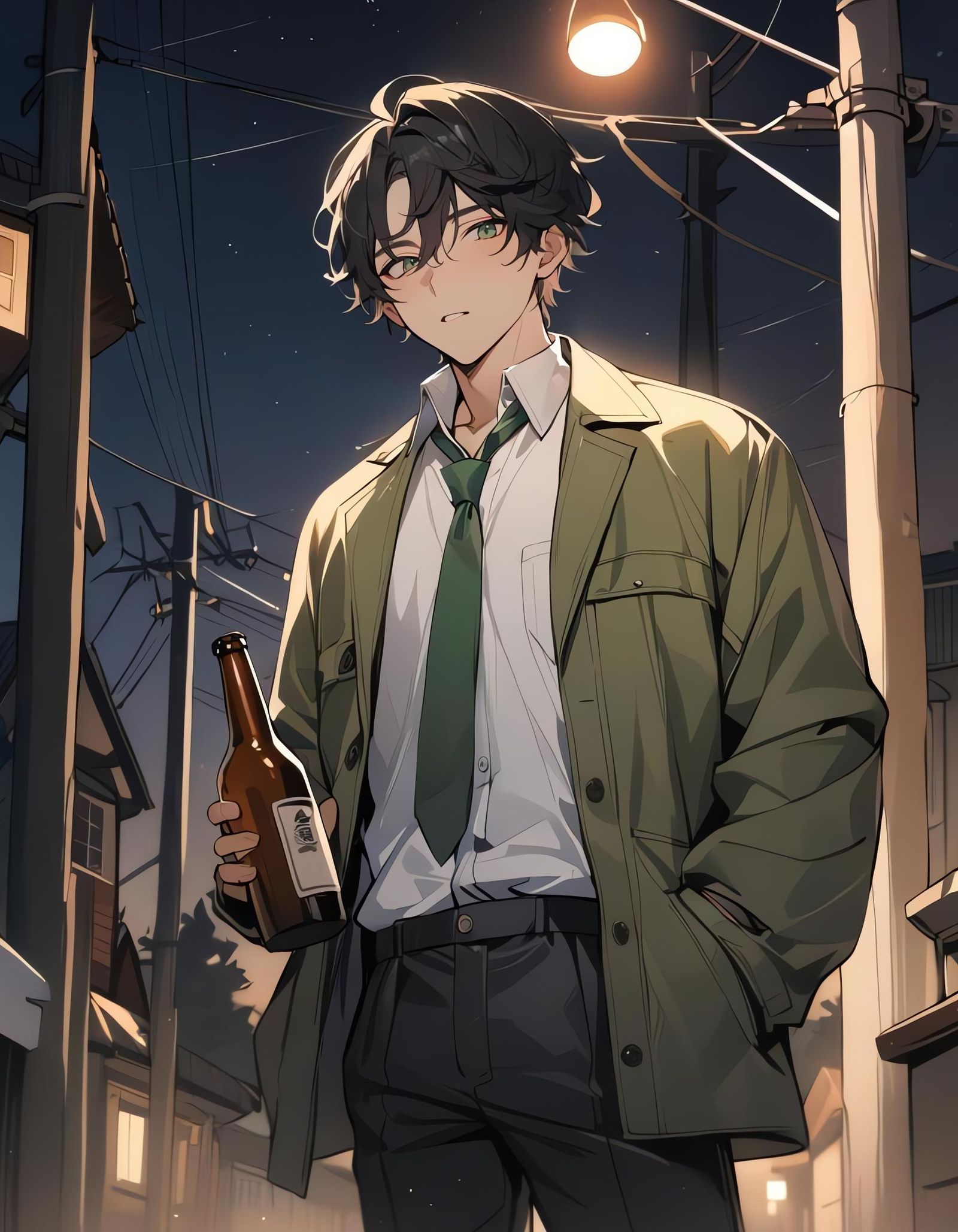 Young Man Holding Beer Bottle on Suburban Street