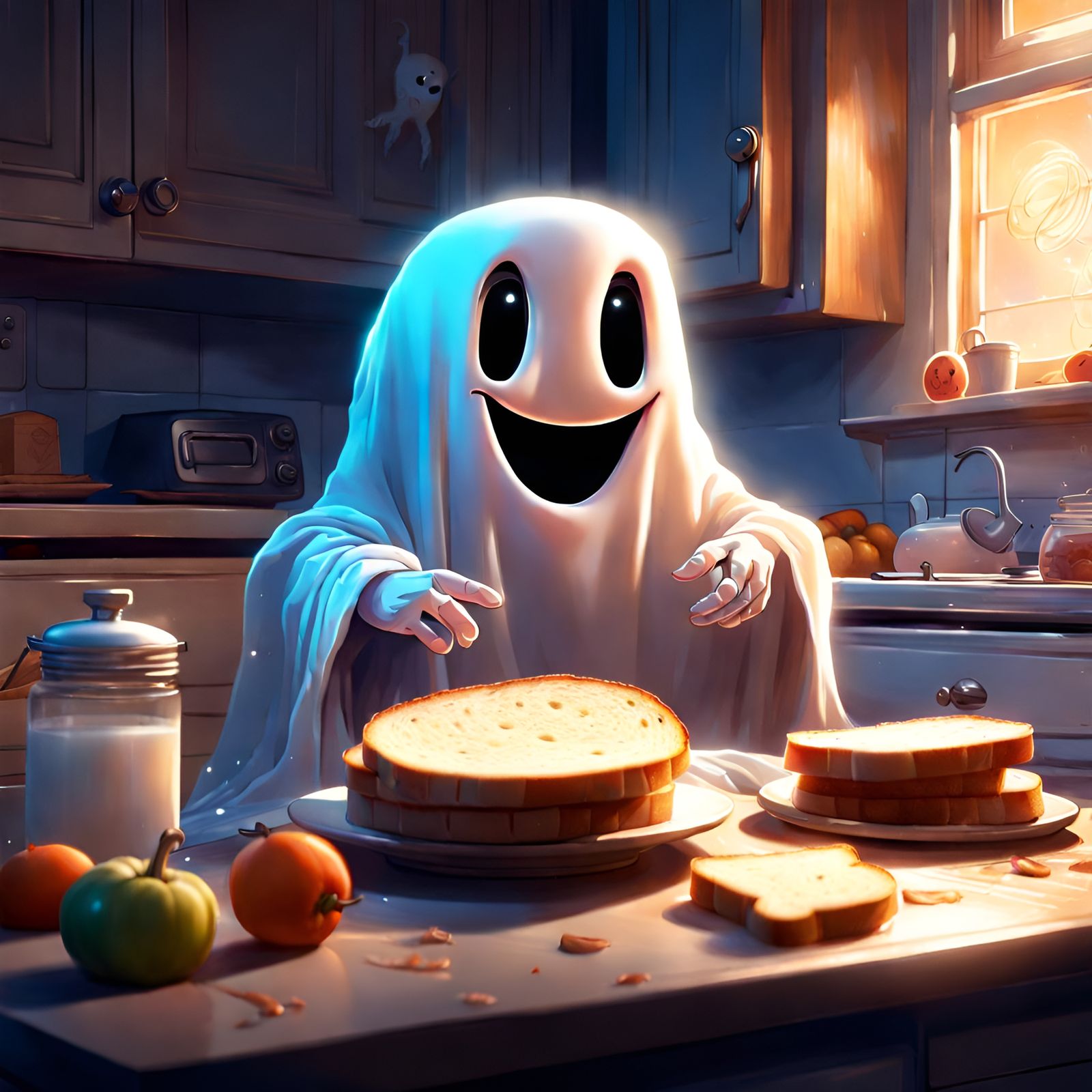 Happy Cartoon Ghost Surrounded by Toast