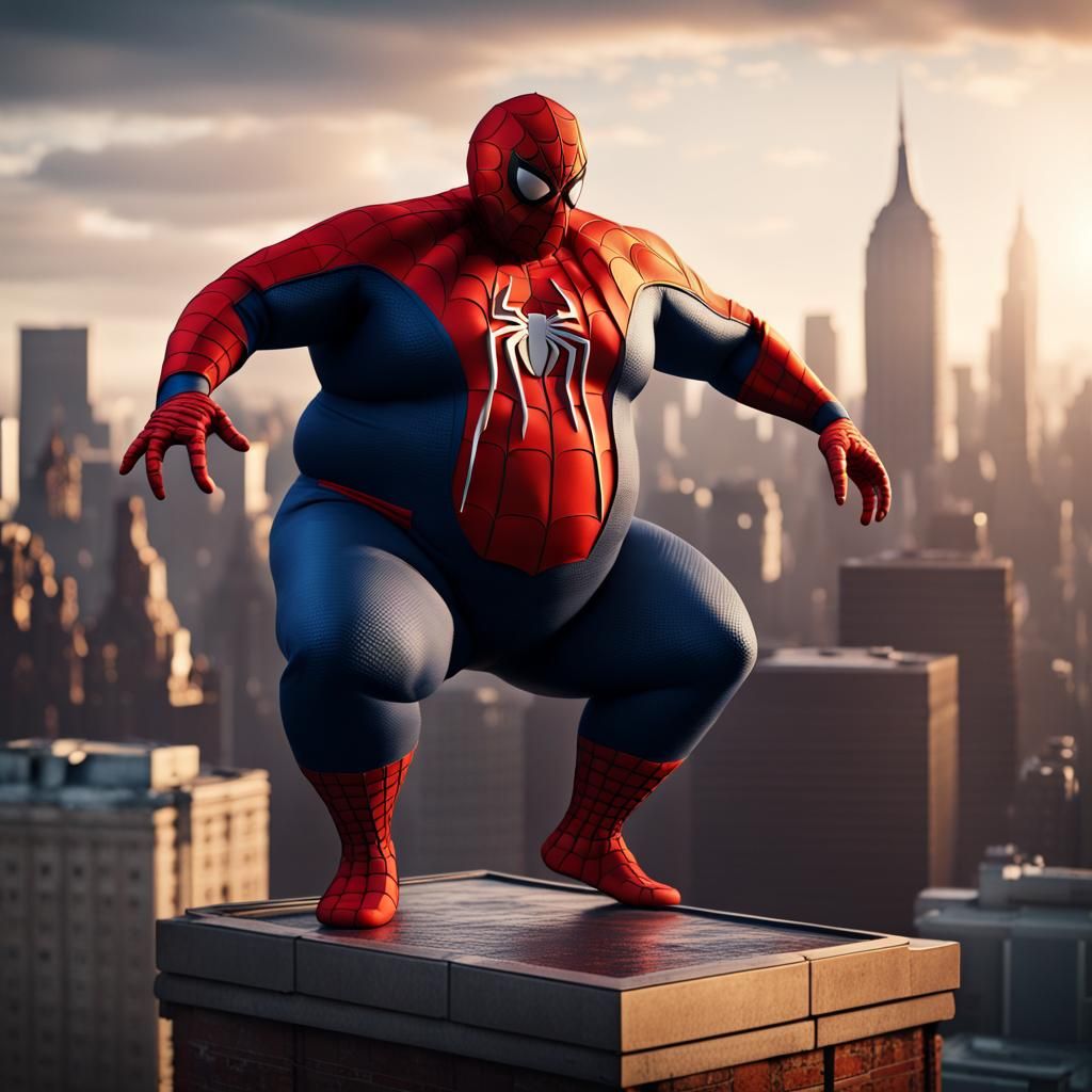 Fat Spider-Man on Skyscraper Edge: Detailed Matte Painting