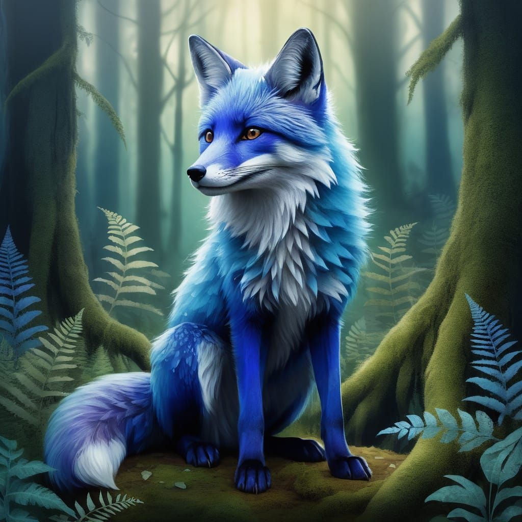 Whimsical Blue Fox in Misty Forest with Ethereal Glow