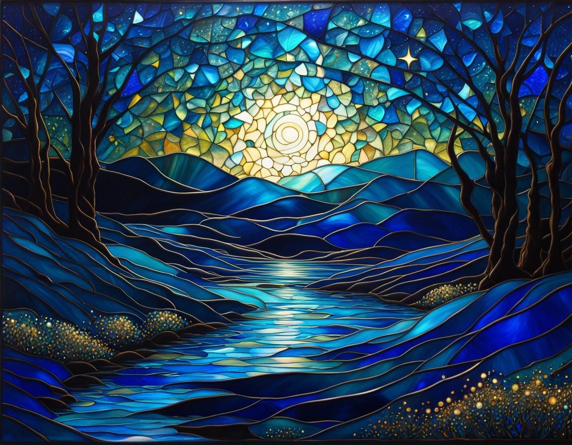 Petrol Blue Stained Glass Landscape Artwork