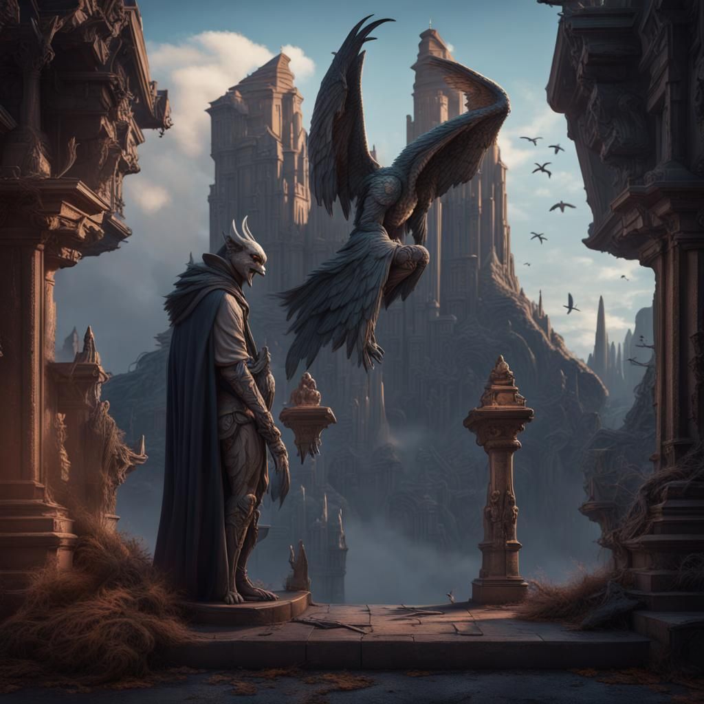 Lonely Figure and Gargoyle Signpost in Fantasy Art
