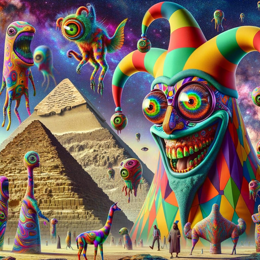 Vivid Vaudeville Penguin Amidst Psychedelic Pyramids