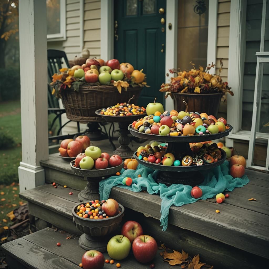 Cinematic Halloween Candy Tray on Dimly Lit Porch