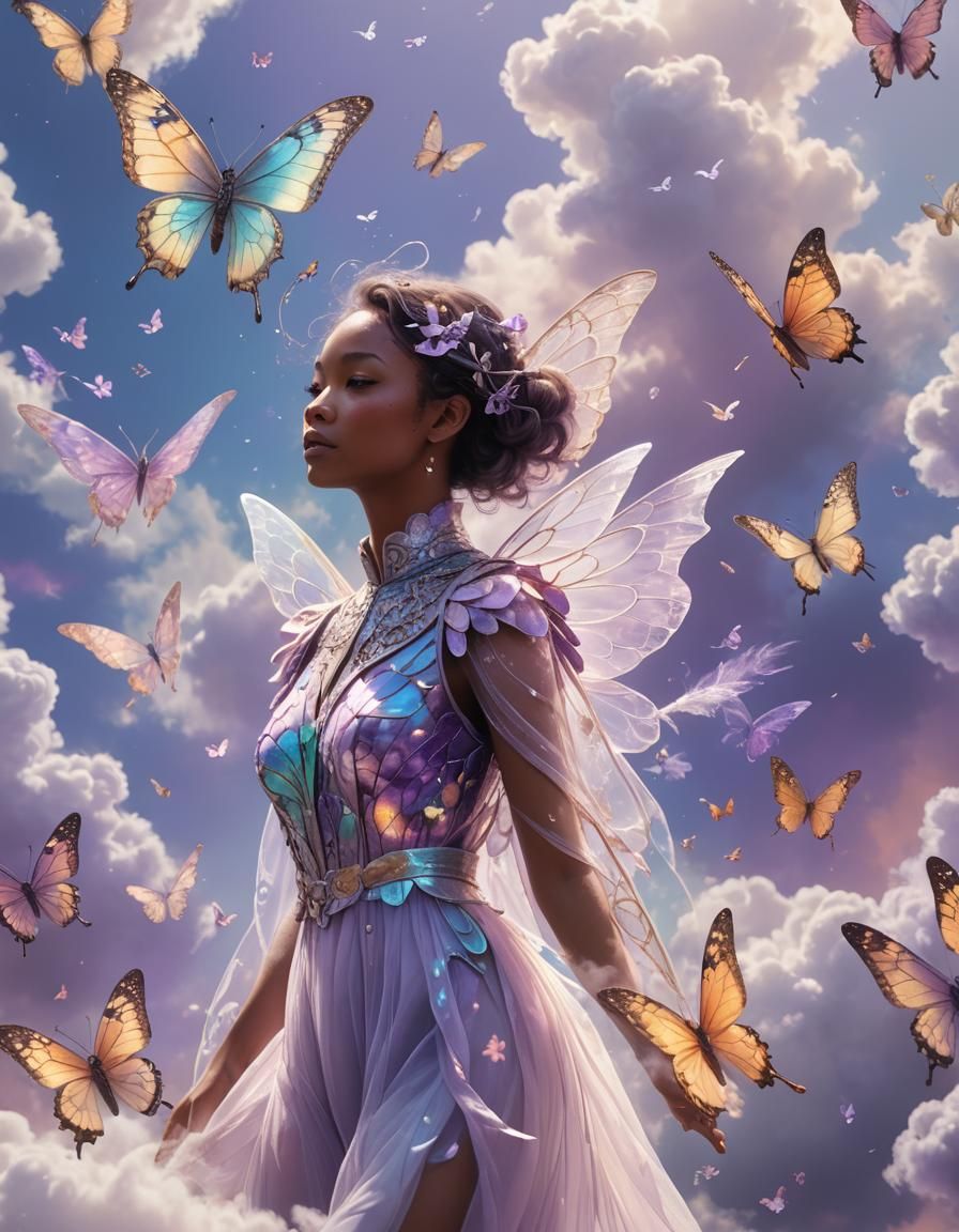 Lavender Human Butterfly Flying in Clouds: 3D Render