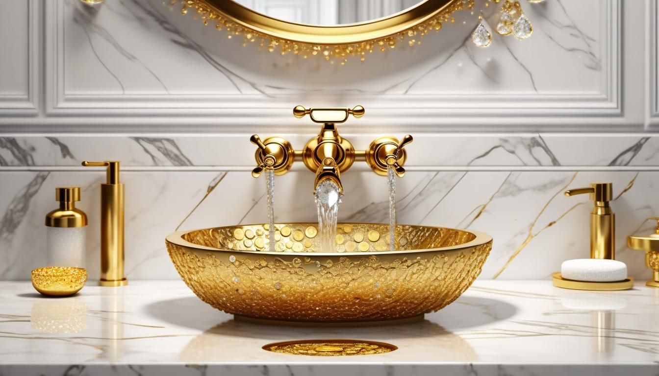 Luxurious Bathroom with Golden Faucet and Gemstones