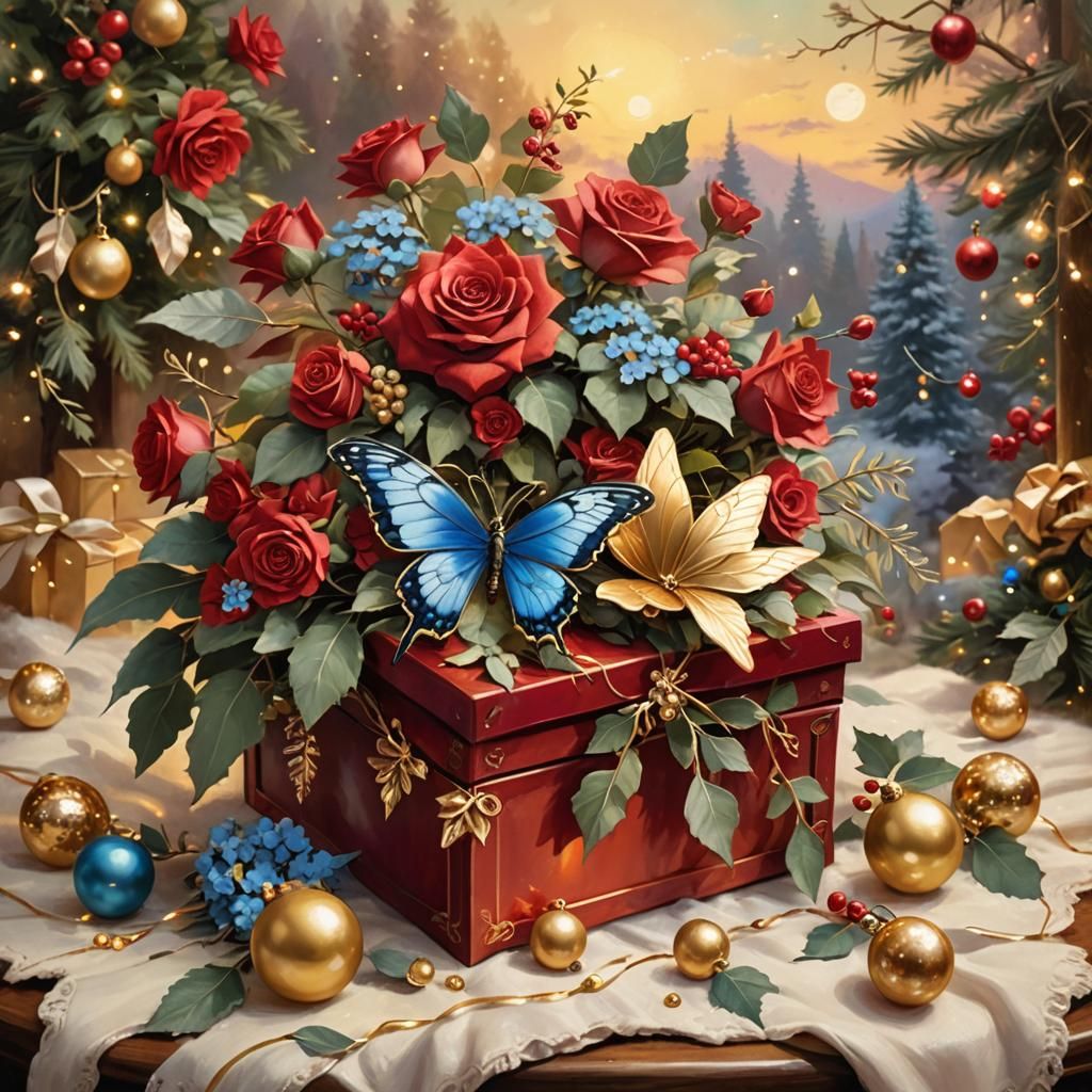 Luxurious Christmas Scene in Thomas Kinkade Style Oil Painti...