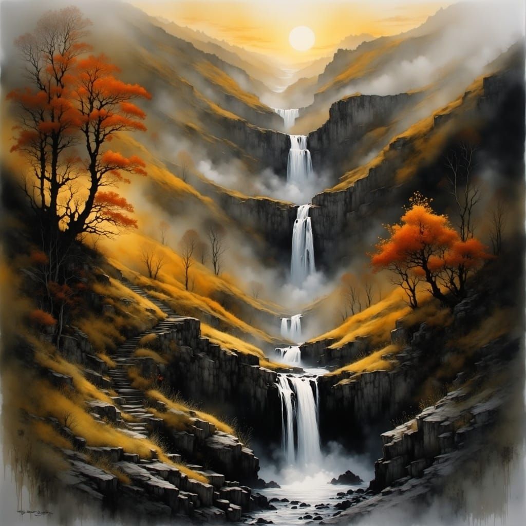 Surreal Sunrise Waterfall in Misty Valley