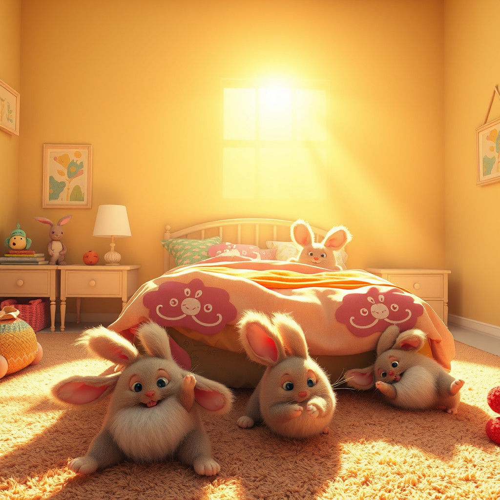 Whimsical Dust Bunnies Frolic in Hyper-Realistic Bedroom