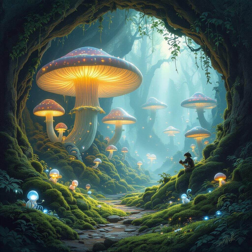 Bioluminescent Mushrooms in Ethereal Grotto