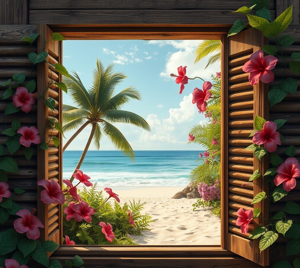 Surreal Tropical Paradise Scene with Lush Hibiscus and Ferns