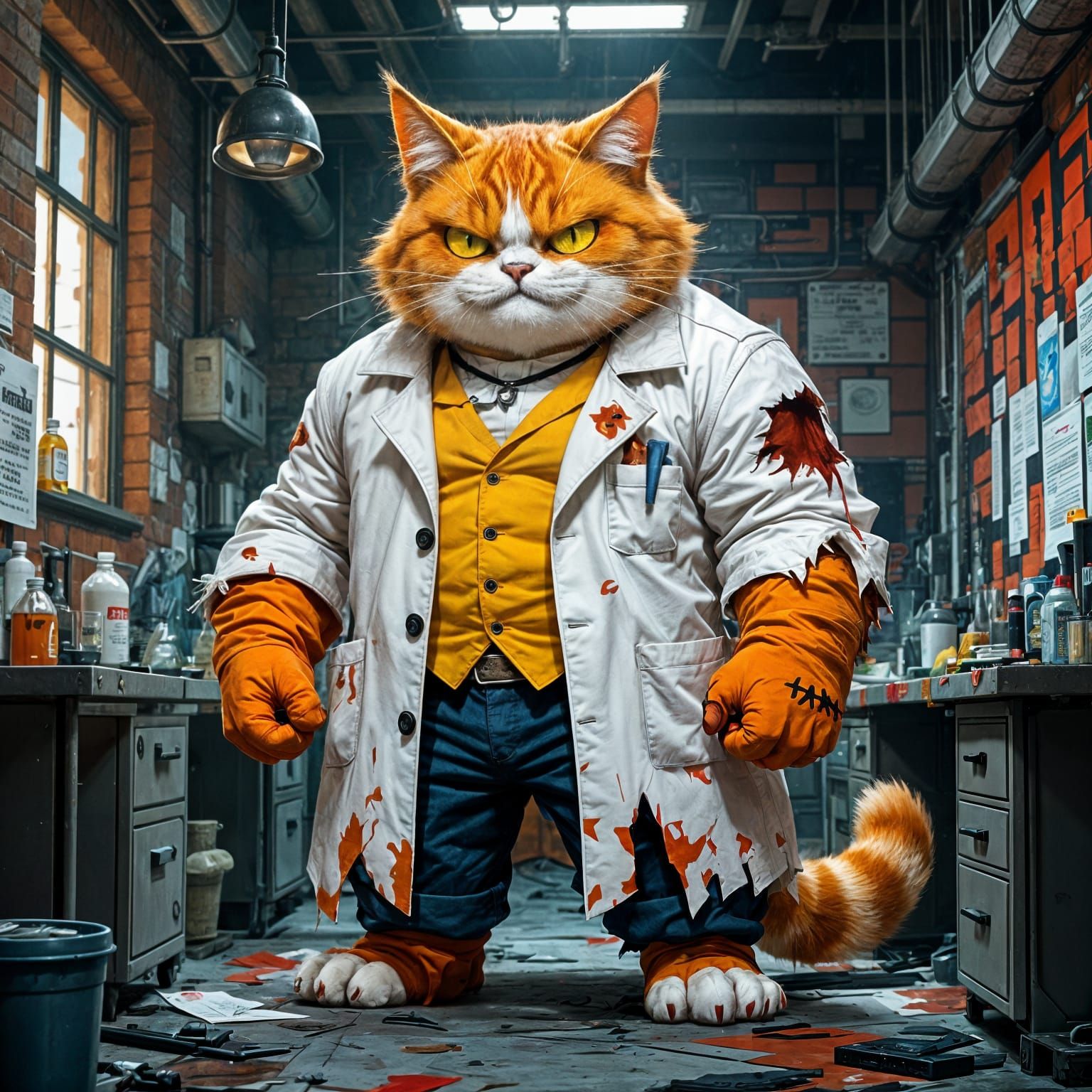 Evil Cat Scientist in Graffiti Lair