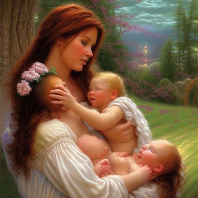 Mother Nursing Baby in Ethereal Oil Painting