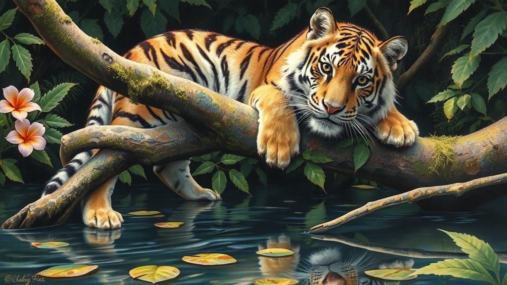 Exotic Tiger in Whimsical Jungle Scene with Pastel Hues and ...