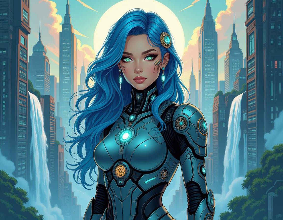 Android in Art Nouveau Cityscape with Waterfalls