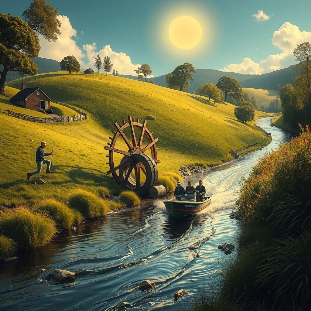 Whimsical Waterwheel Escapade in Lush Summer Landscape