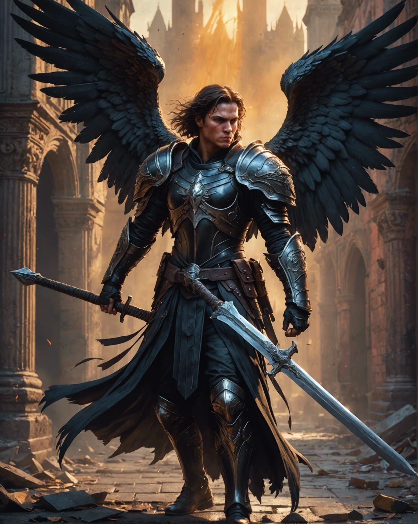 Dark Angel with Sword in Hyperrealistic Style