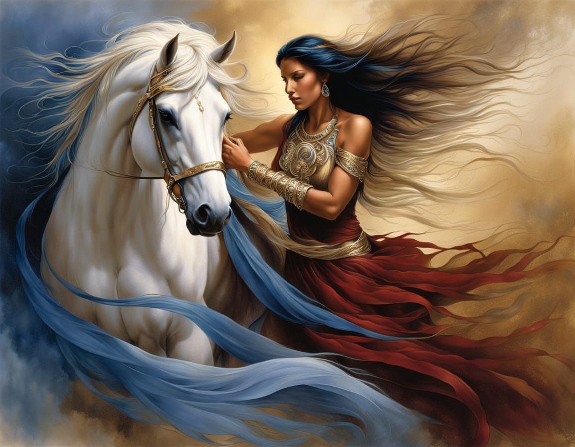 Native Woman Leads Golden Horse in Watercolor