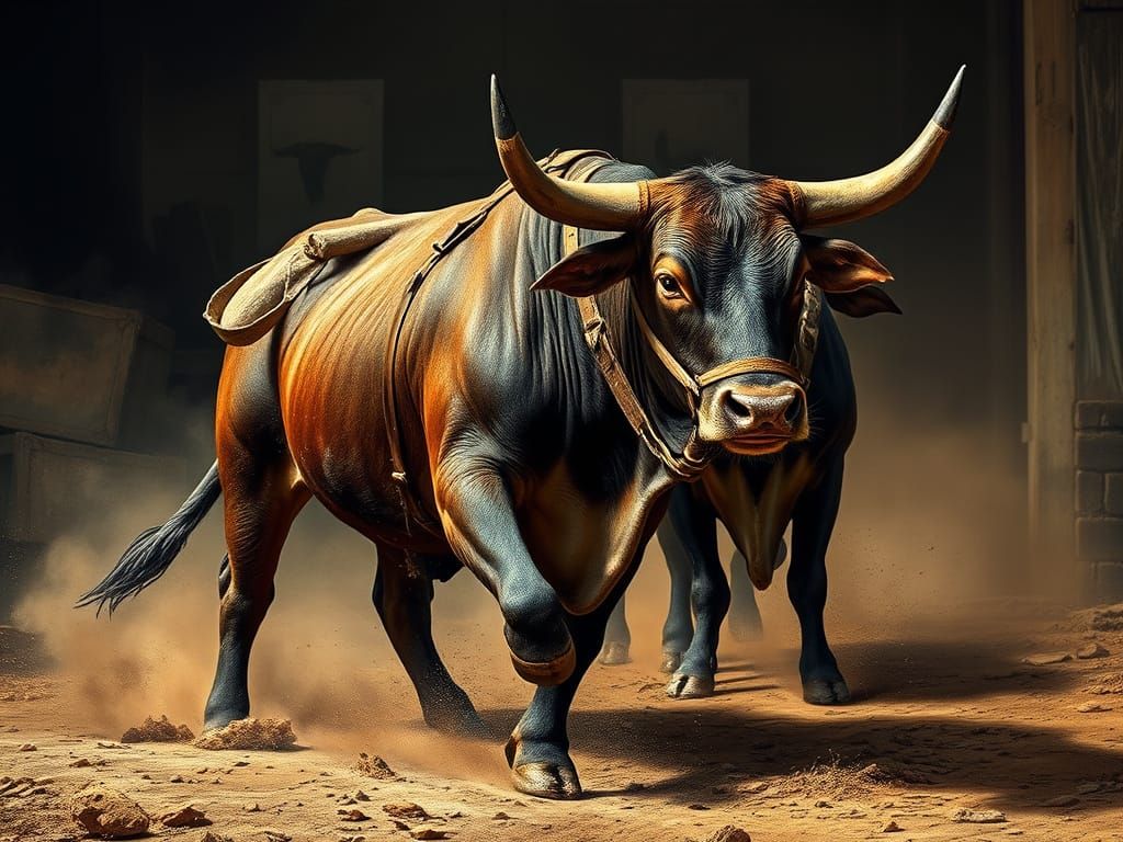 Bull Goring Cow in Rustic Farm Setting