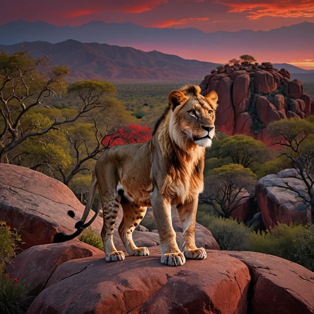 Young Lion in Fauvism Style Under Red Sky