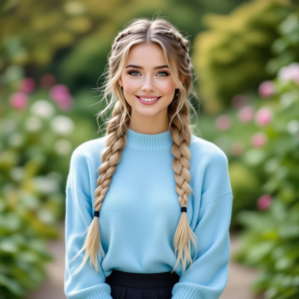Woman in Garden with Blonde Braids and Pastel Sweater