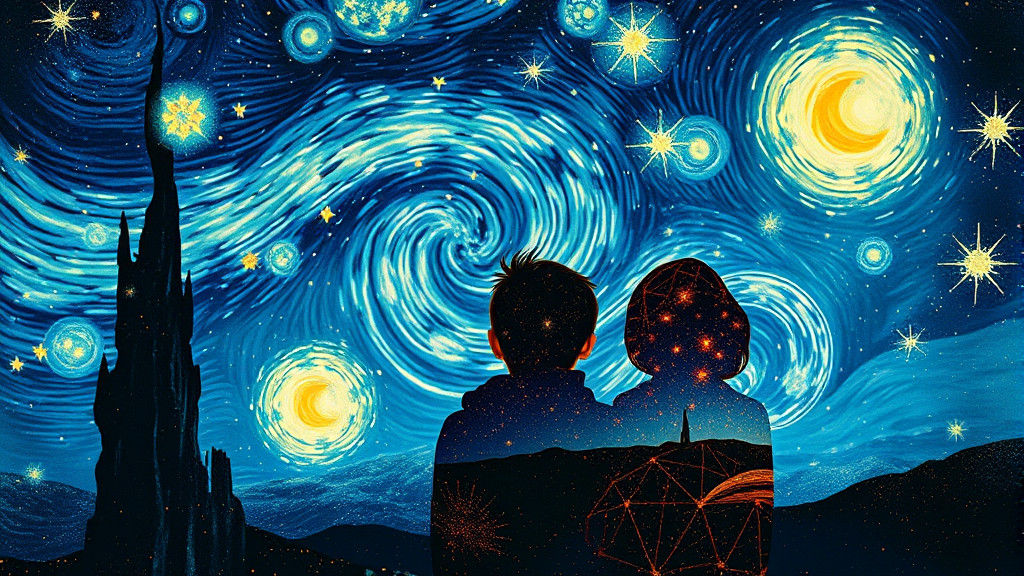 Couple Stargazing in Van Gogh Style Double Exposure