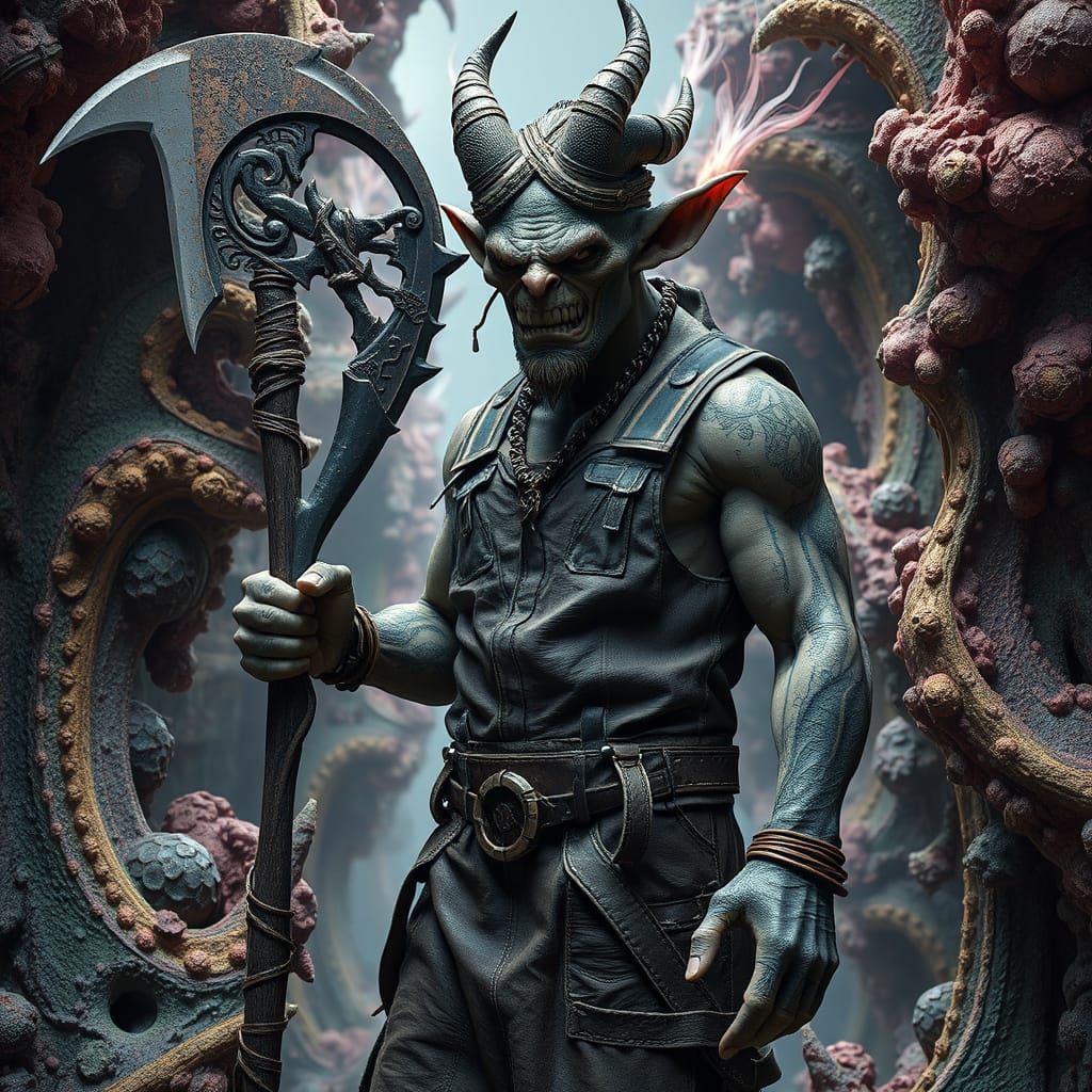 whimsical dark fantasy half-human half-orc male hybrid creature with stitched leather skin, dressed in a worn dungaree, ...