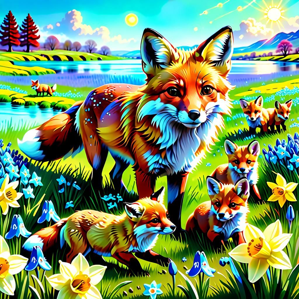 Red Fox Family in Spring Meadow