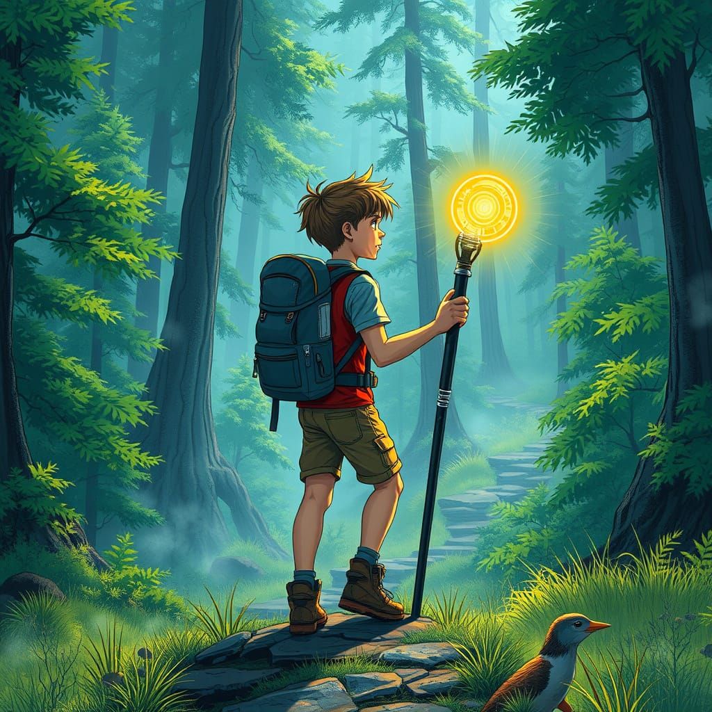 Boy Embarks on Futuristic Adventure Through Lush Forest
