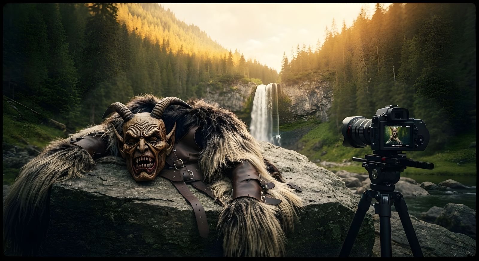 Krampus Costume on Rock in Forest: Cinematic Film Still