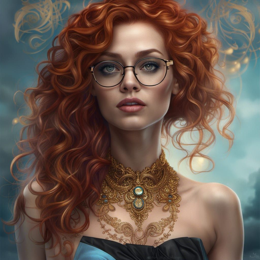 Red Haired Woman in Black Dress, Detailed Matte Painting