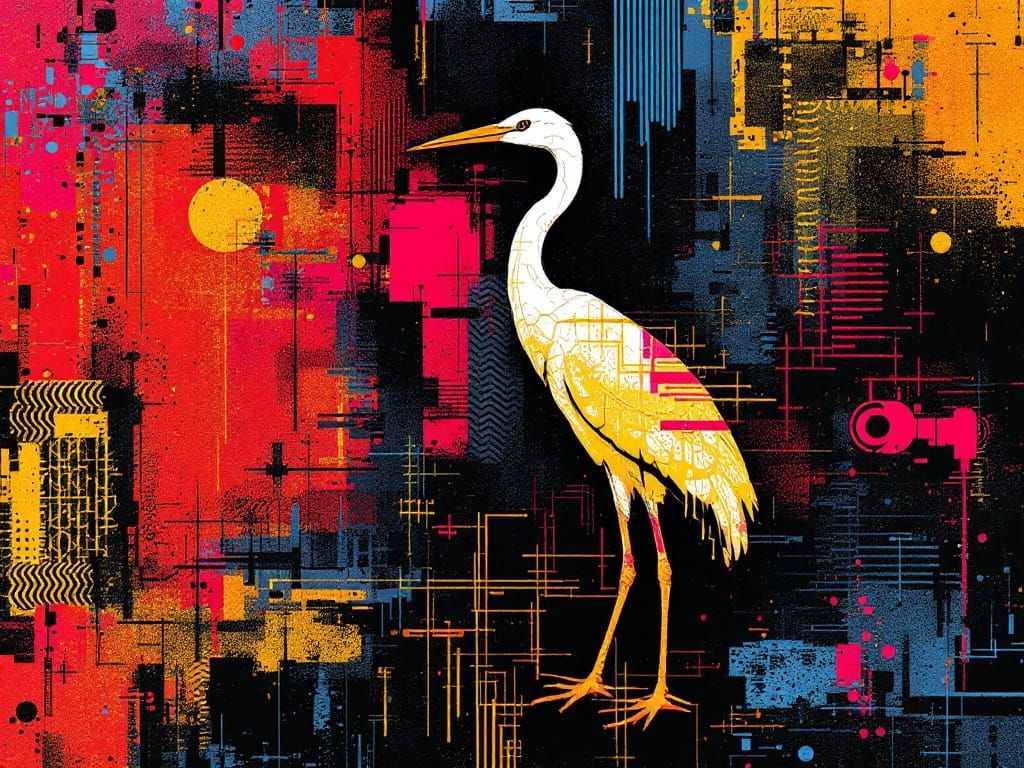 Ethereal Crane in Dazzling Digital Dawn