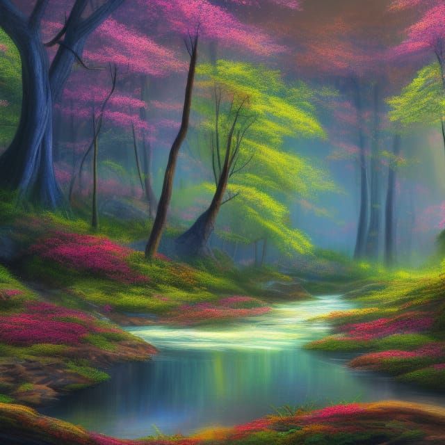 Colorful Forest Crayon Painting with River