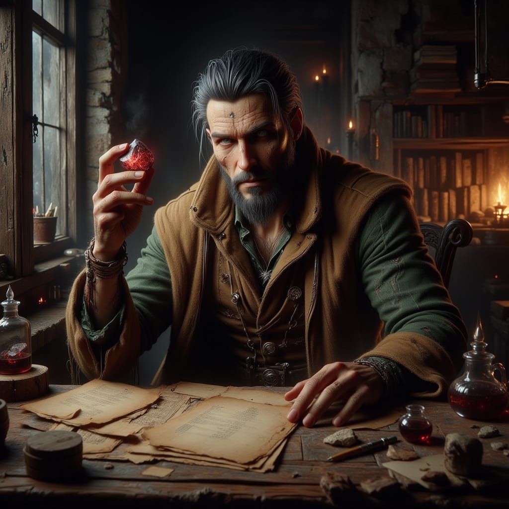 <lora:-Omnious-:1.0> Alchemist with long brown and green gar...