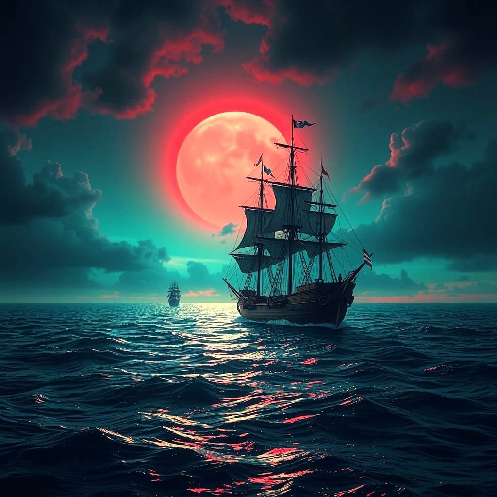 Mystical Pirate Vessels Sail Across the Dark Caribbean