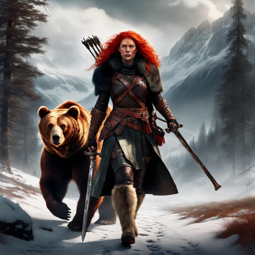 Warrior Woman with Bear in Epic Style