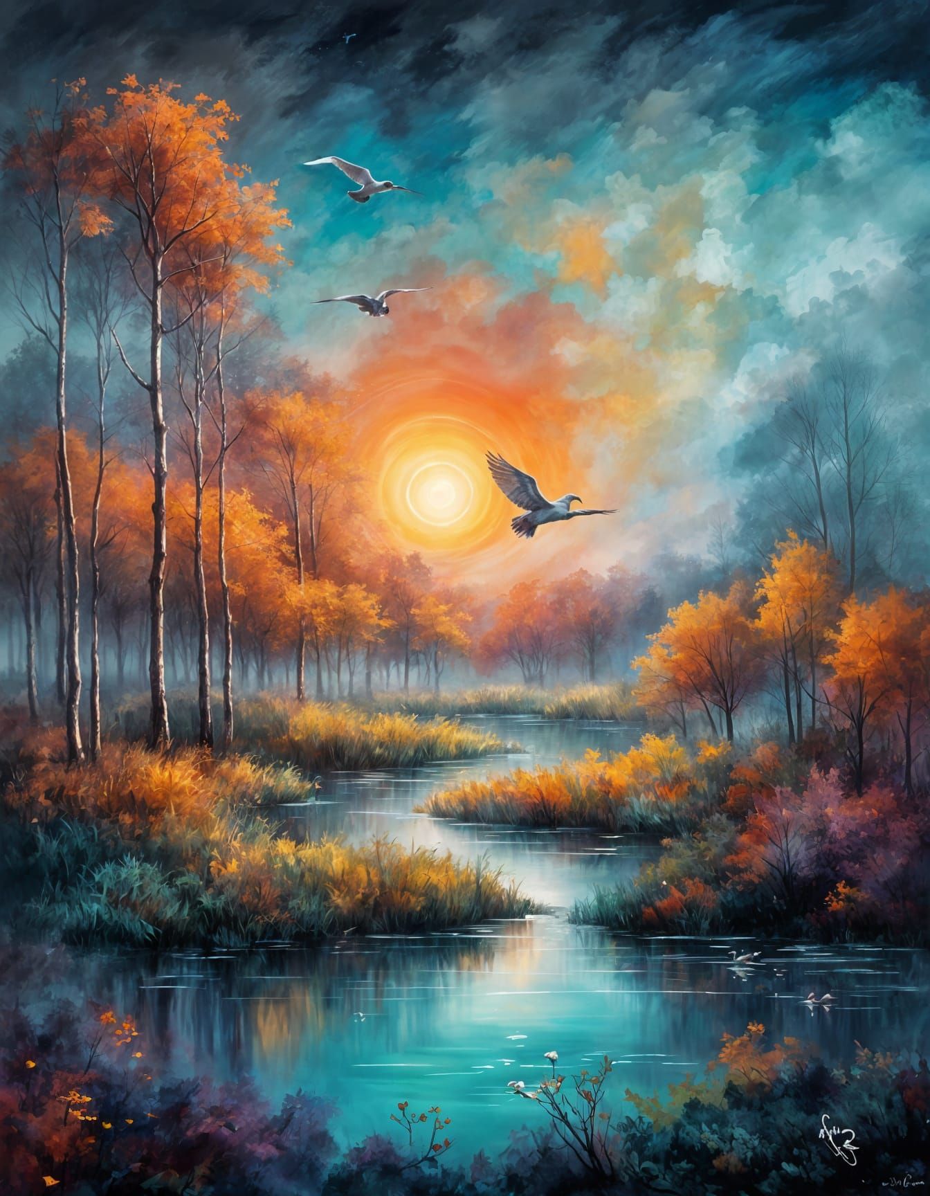 Ethereal Foggy Sunrise Over Pond in Surreal Forest