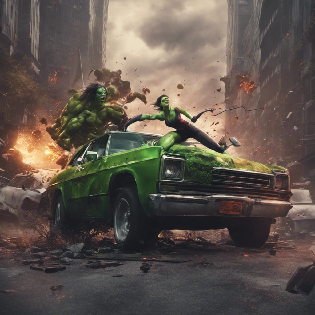 She Hulk Car Smash: Detailed Matte Painting