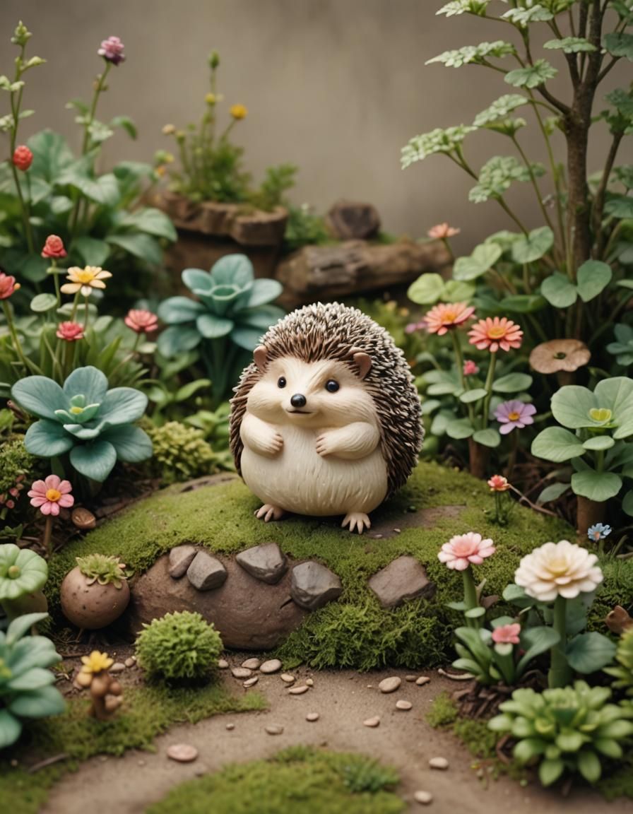 Kawaii Claymation Hedgehog in Rustic Garden