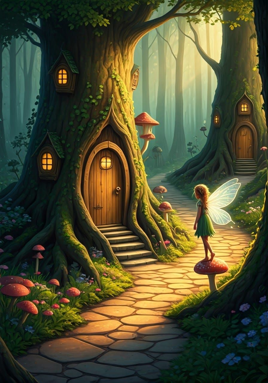 Whimsical Forest Bathed in Eternal Morning Light