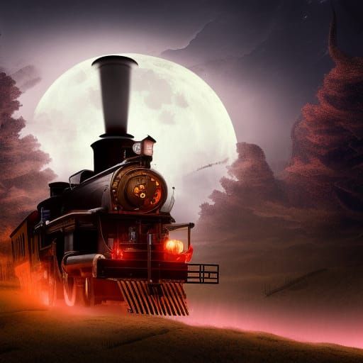 Ghost Steam Train Under Full Moon in Matte Painting