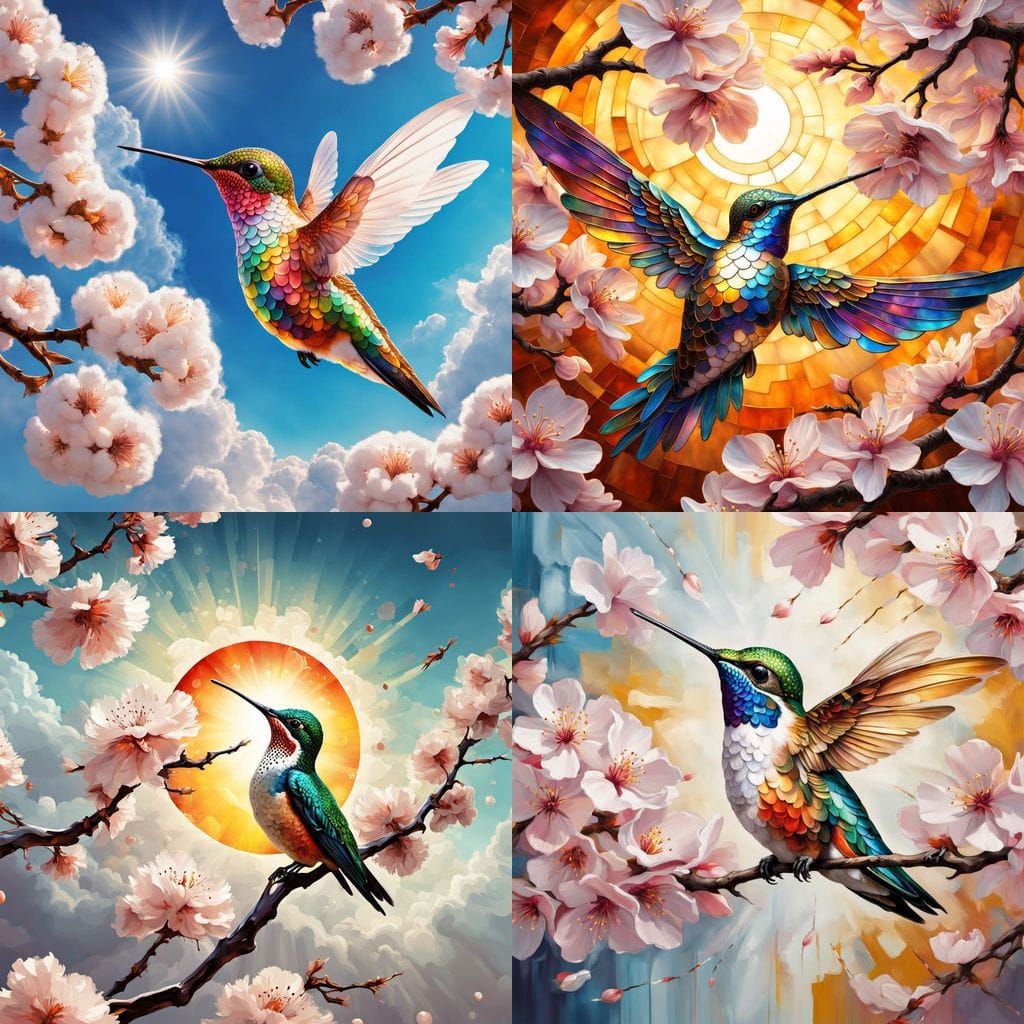 Surreal Hummingbird Among Cherry Blossoms in Stained Glass S...