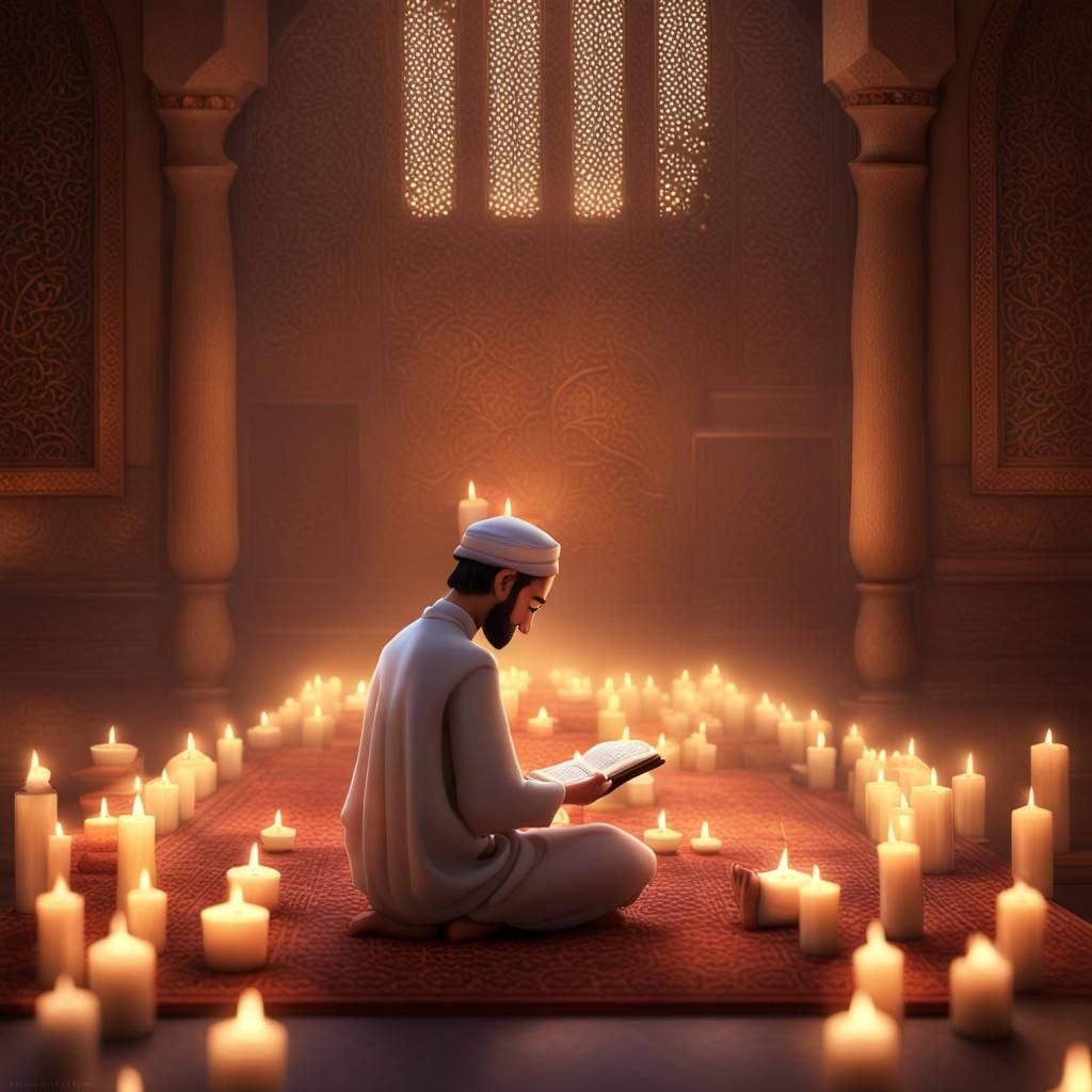 "Renewing Faith: Embracing the Spiritual Journey of Ramadan" - A poignant scene of an individual deep in prayer, surroun...