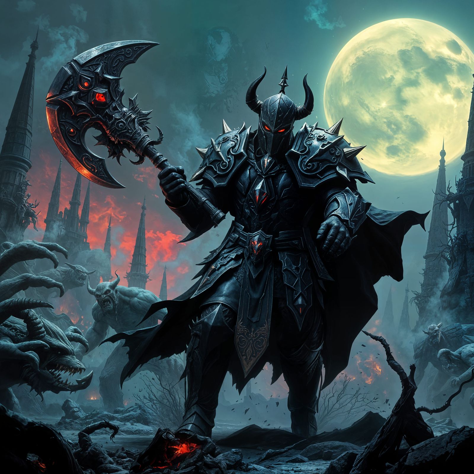 Dark Gem Knight Battles Fierce Orcs in Vivid Fantasy Landsca...