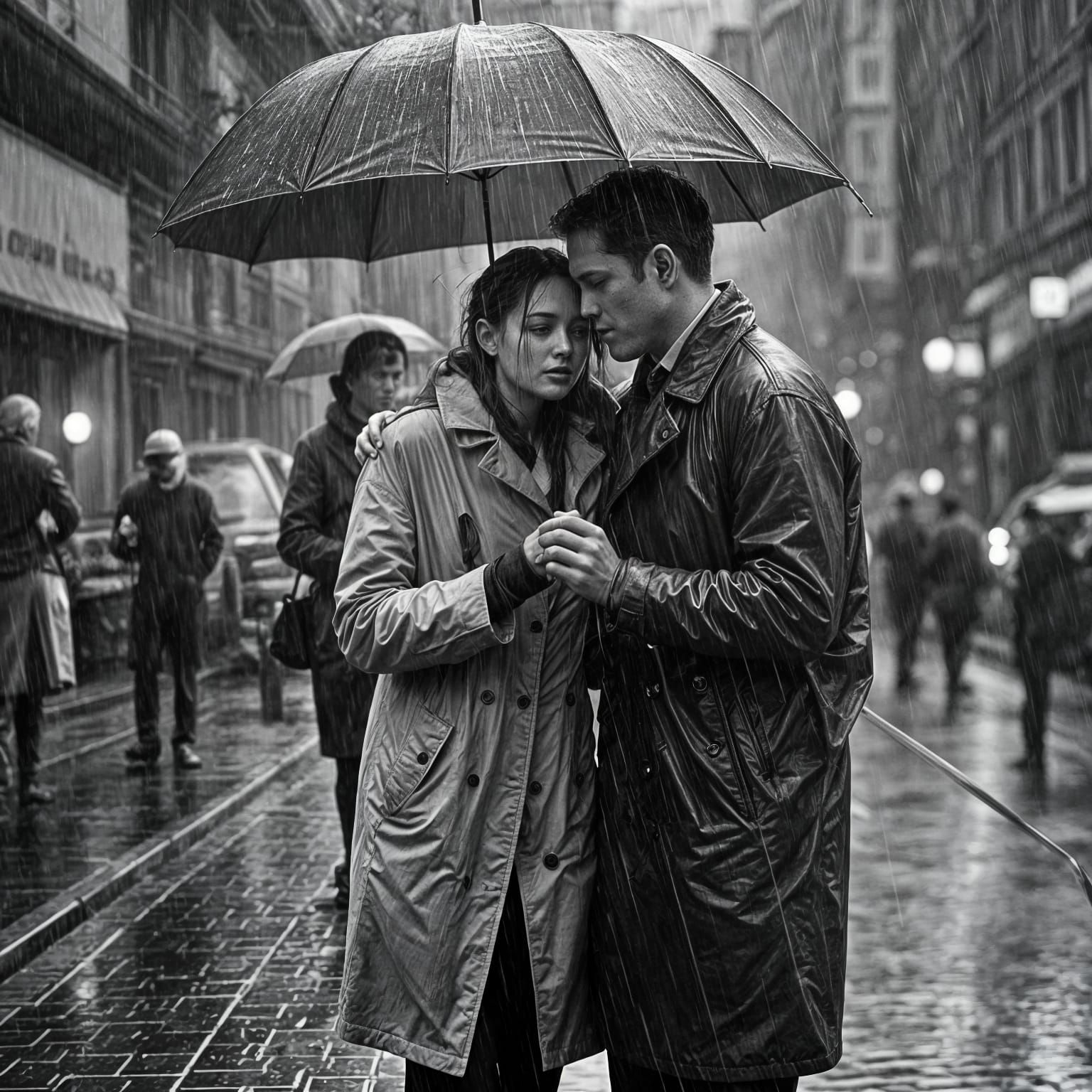 Intimate Rainy Moment in Black and White