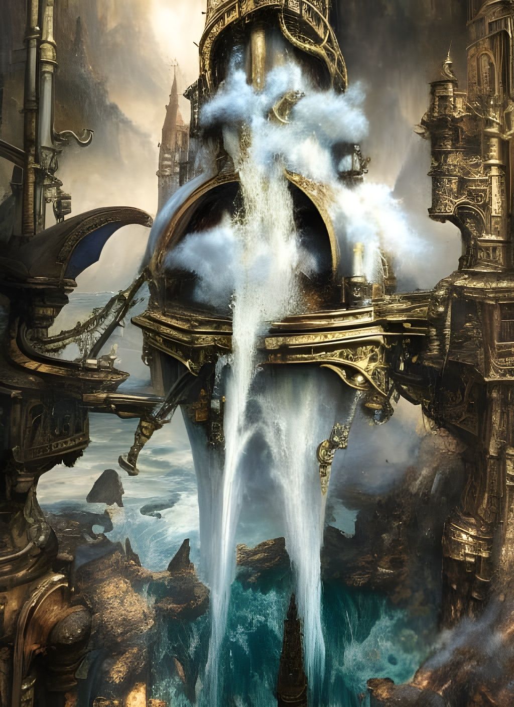 Steampunk Brass Castle Over Waterfall in Oil Painting Style