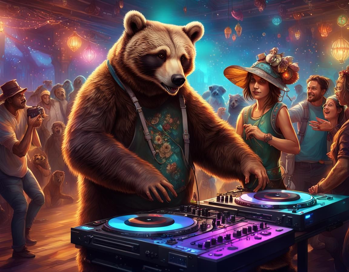 Bear DJ with Raccoon Fan in Detailed Matte Painting