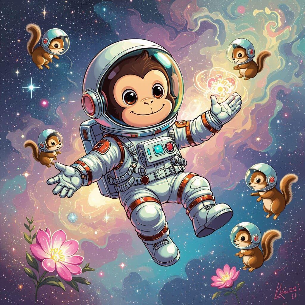 Monkey Astronaut in Pastel Nebula, Spray Paint Art
